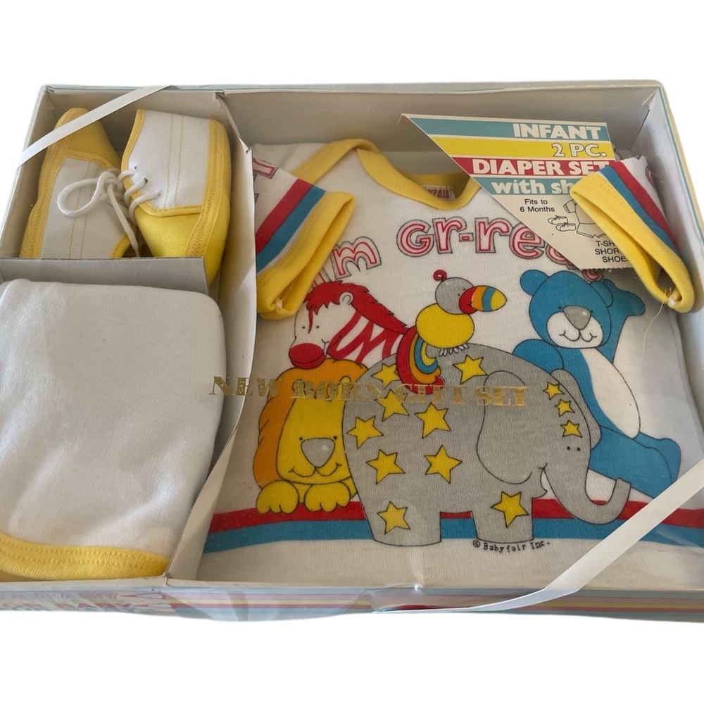 Vintage Babyfair Newborn Gift Set Yellow and White Three Piece Fits to 6 months